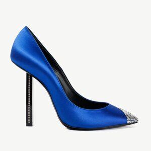 Saint Laurent Tower 110 Bleu Silk Satin Strass-Embellished Pointed-Toe Pumps
